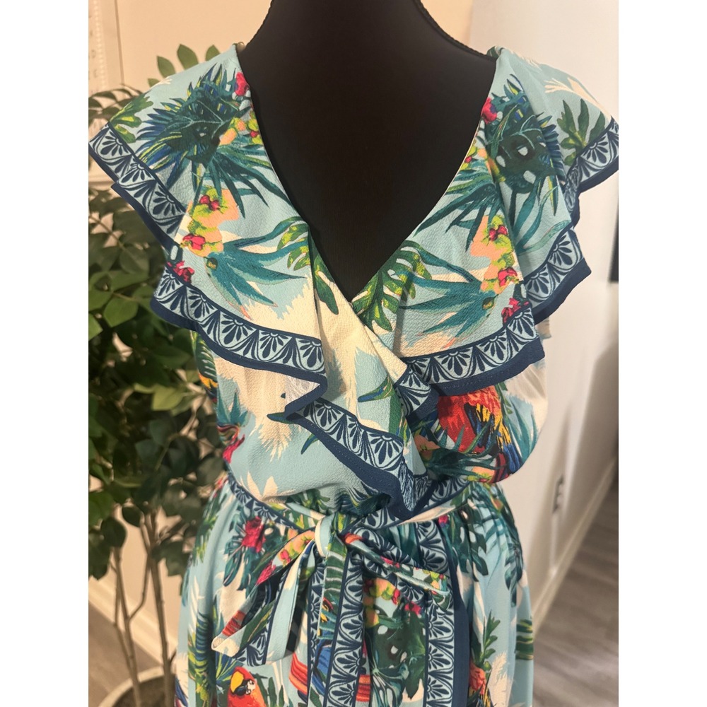 Tropical Parrot Palm Print Ruffle Wrap Maxi Dress Blue High Low Summer Resort